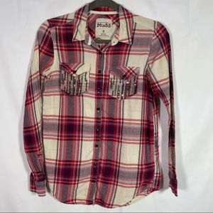 Mudd, Y2K Plaid Shiny Pockets Button Down Shirt, Size Small. Excellent condition